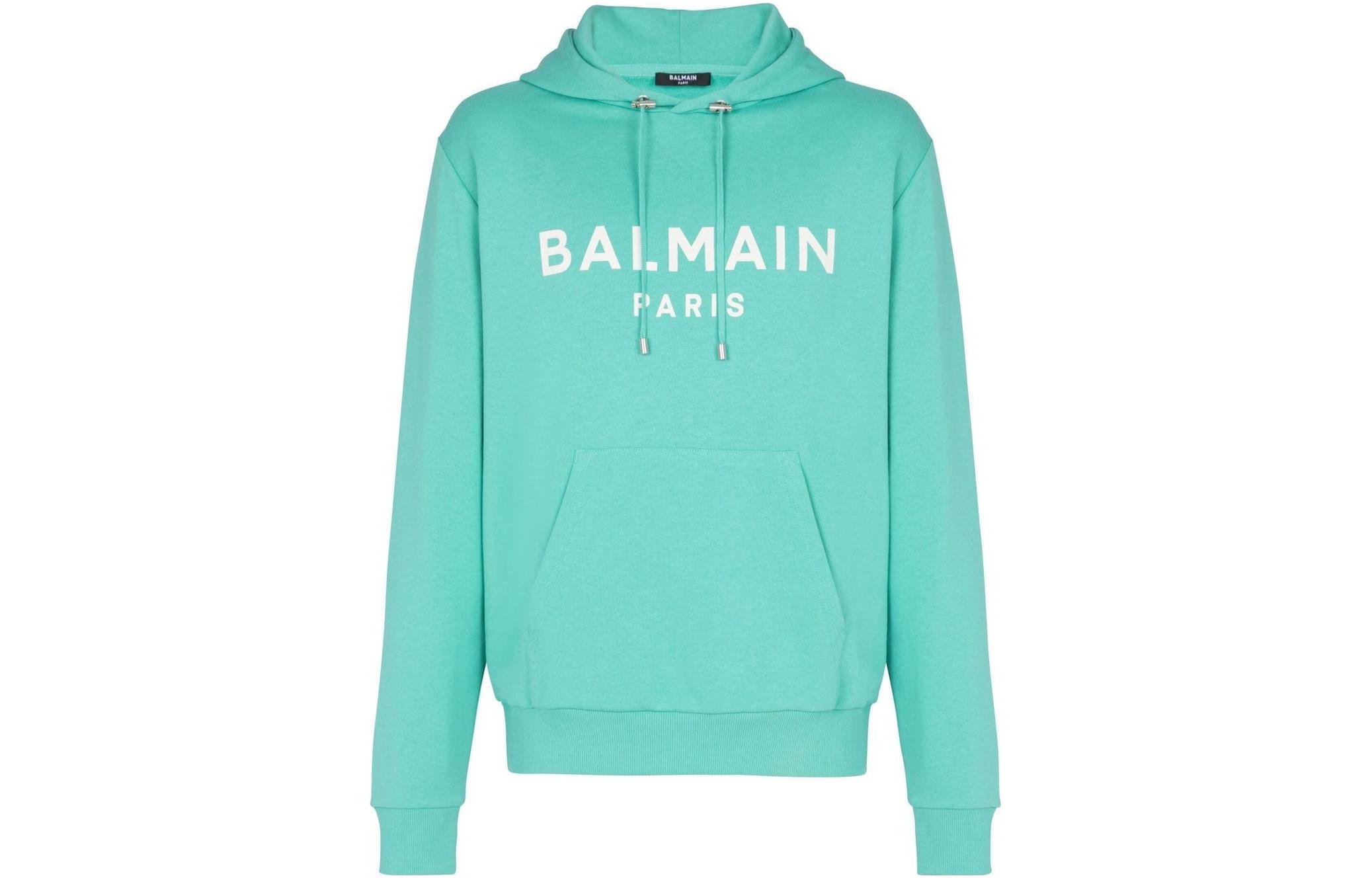 Balmain SS23 Green Letter Logo Print Hooded Pullover Hoodie AH1JR002BB65-UDE