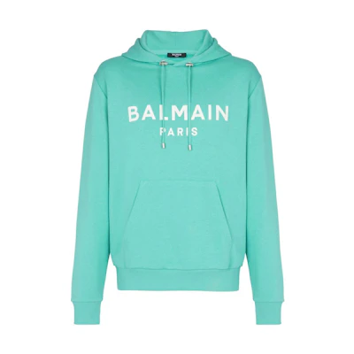 Balmain SS23 Green Letter Logo Print Hooded Pullover Hoodie AH1JR002BB65-UDE