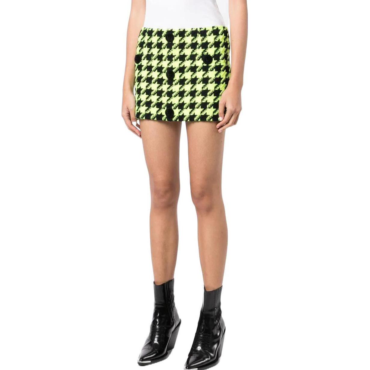 BALMAIN SS23 Houndstooth Tweed Mini Skirt in Neon Green. YF1LA170WB52