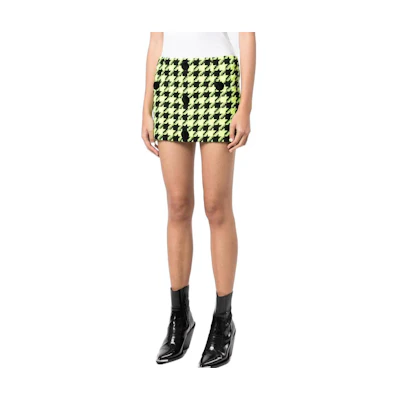 BALMAIN SS23 Houndstooth Tweed Mini Skirt in Neon Green. YF1LA170WB52
