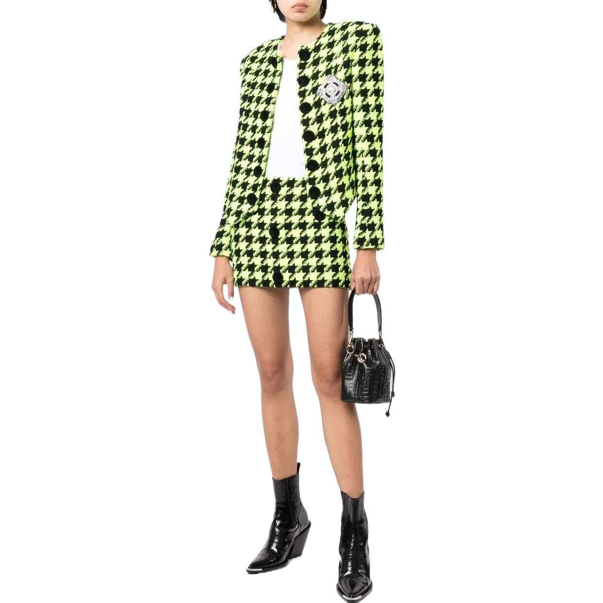 Shop BALMAIN SS23 綠色千鳥格紋粗花呢迷你裙 YF1LA170WB52