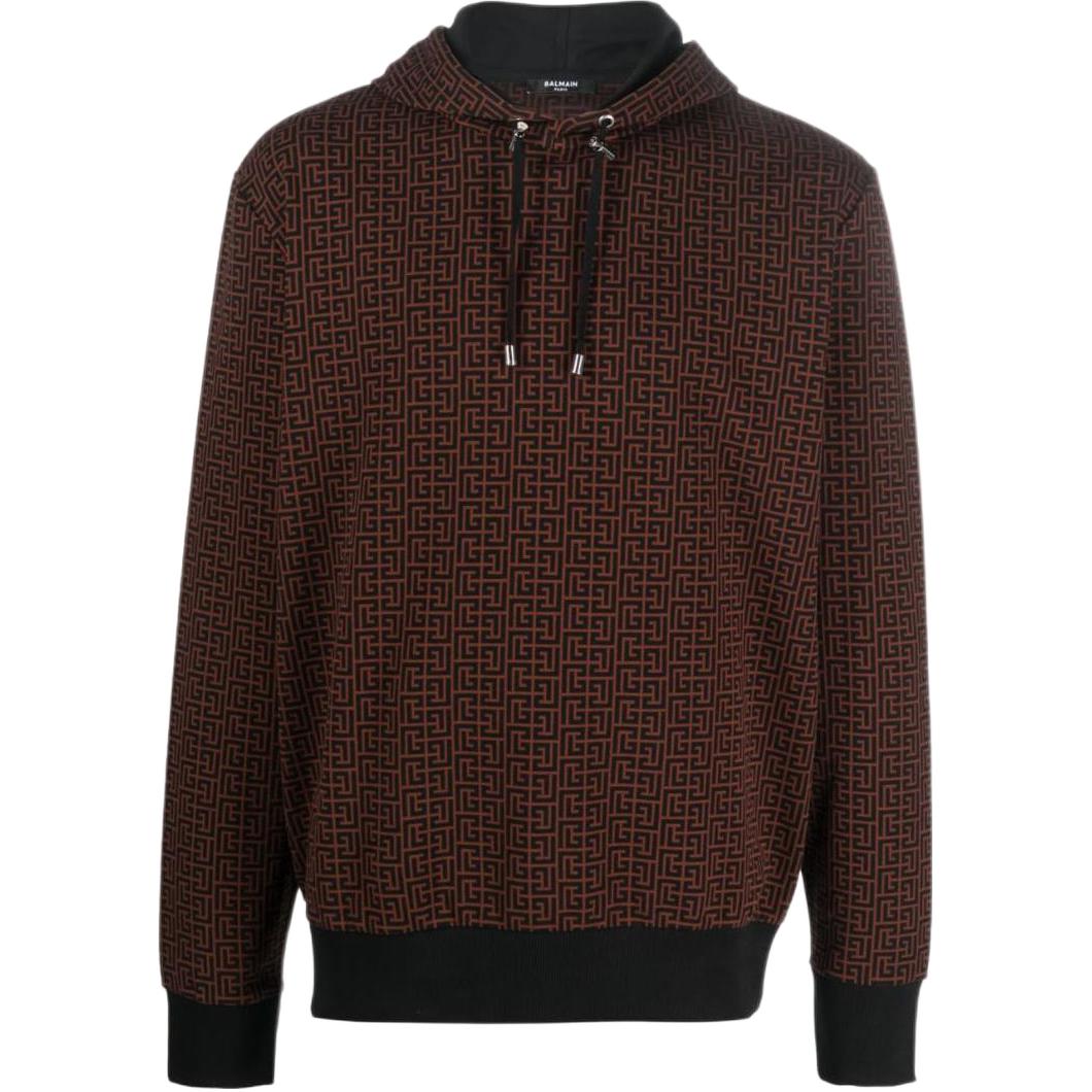 Balmain SS23 Logo Print Drawstring Hoodie Marron Brown AH0JR002JC97-WBY