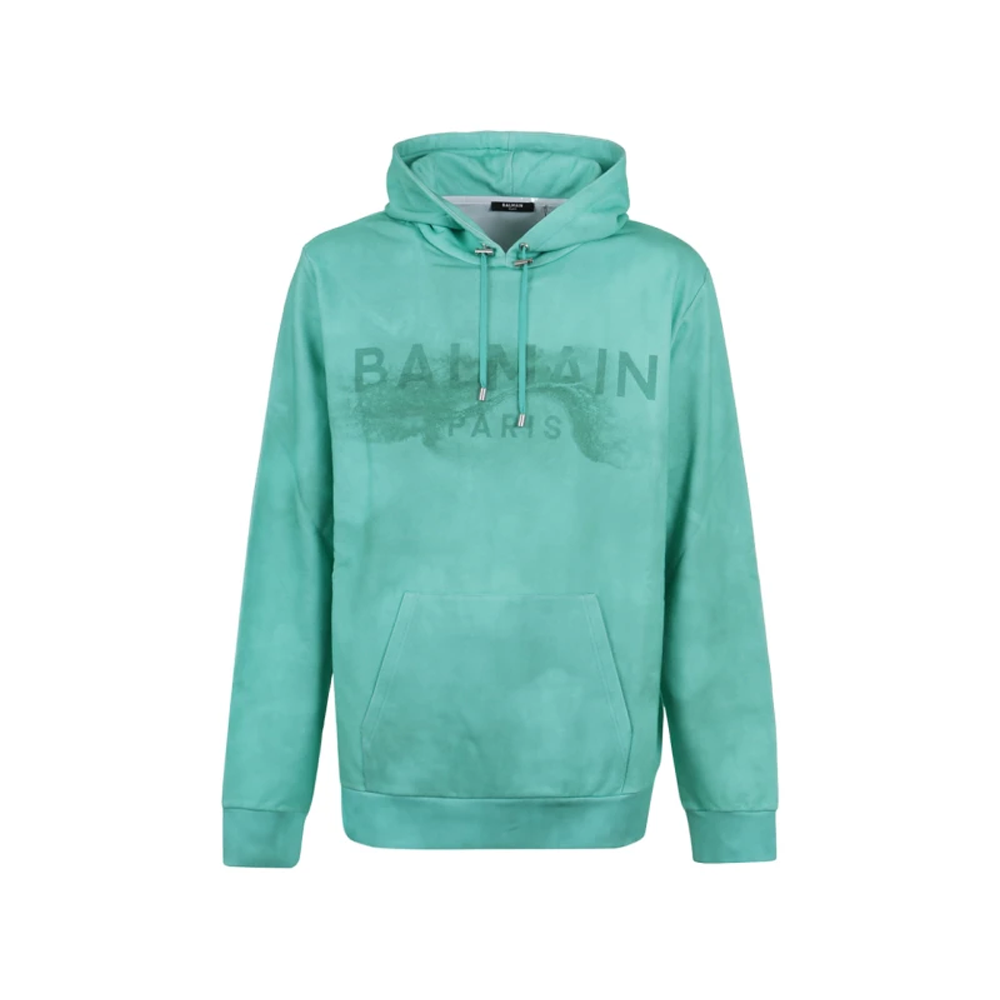 Balmain SS23 Logo Print Long Sleeve Hoodie Mens Teal Blue AH1JT047GC61-UFT