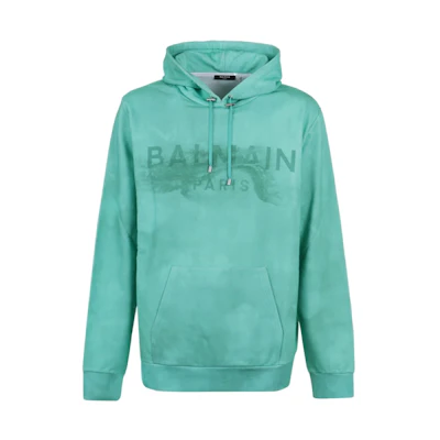 Balmain SS23 Logo Print Long Sleeve Hoodie Mens Teal Blue AH1JT047GC61-UFT