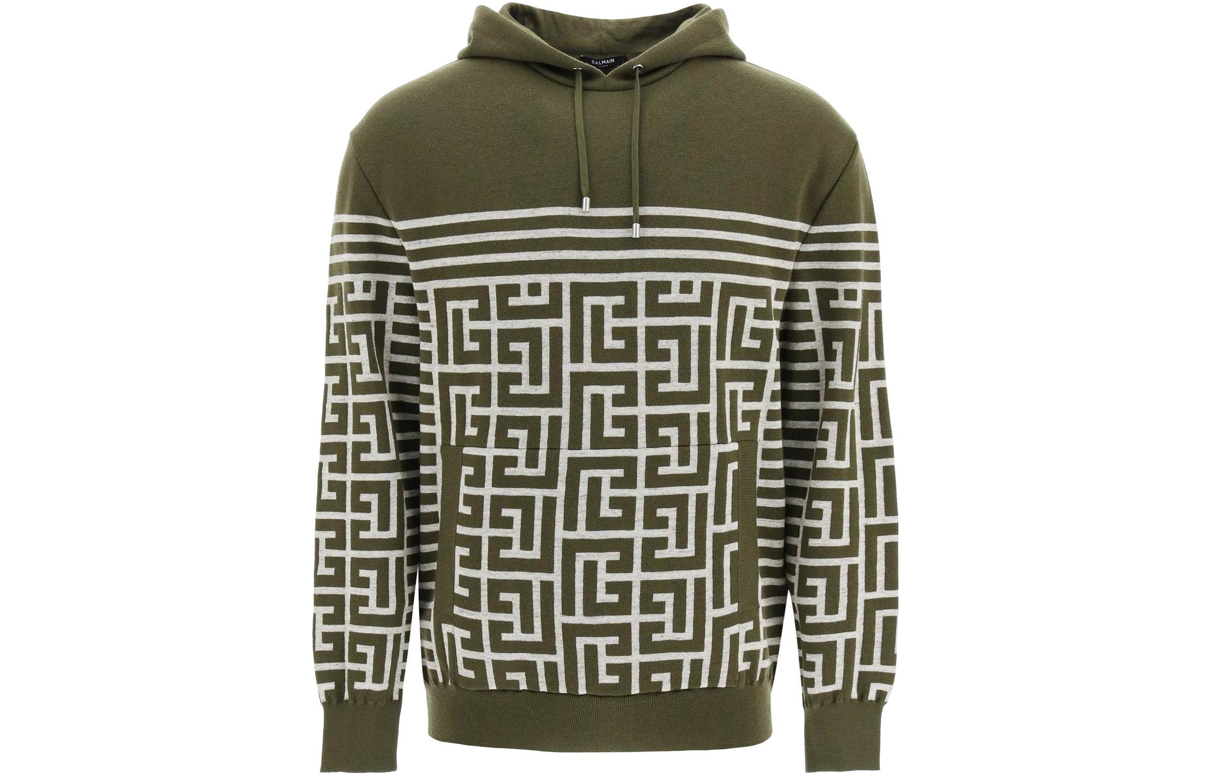 Balmain SS23 Logo Print Olive Green Hoodie Long Sleeve Pullover AH1JR070KD54-UDW