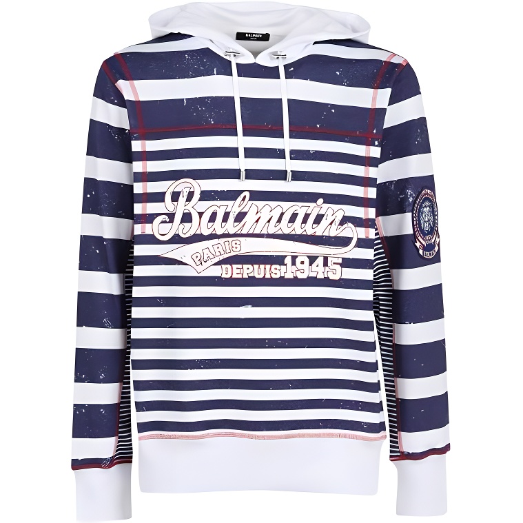 Balmain SS23 Logo Striped Pullover Hoodie Men’s Blue White XH2JR00405GB-GEU