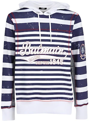 Balmain SS23 Hoodie Logo Garis Pria Biru Putih XH2JR00405GB-GEU Buy Balmain SS23 Hoodie Logo Garis Pria Biru Putih XH2JR00405GB-GEU