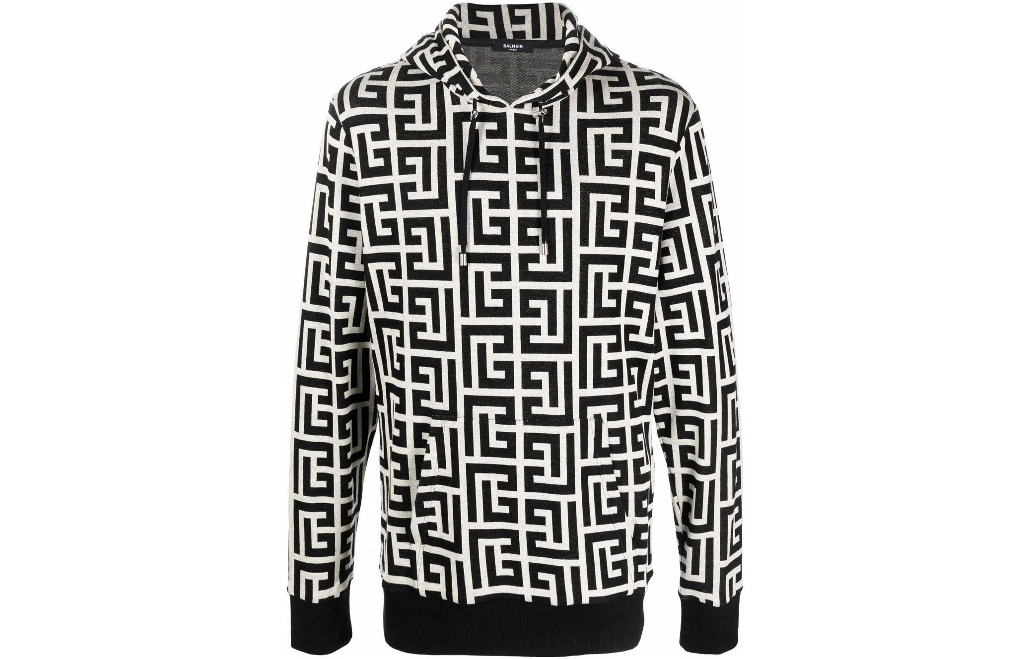 Balmain SS23 Monogram Print Drawstring Hoodie Black XH1JR002JB70-GFE