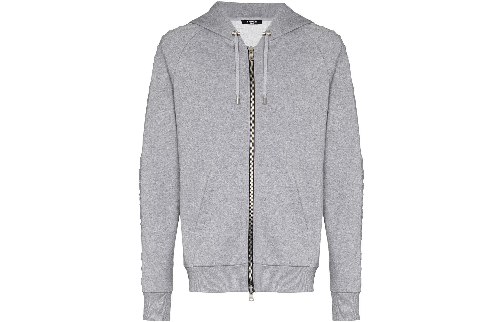 Balmain SS23 Solid Color Zip-Up Hoodie Jacket - Gray UH13122I338-9UB