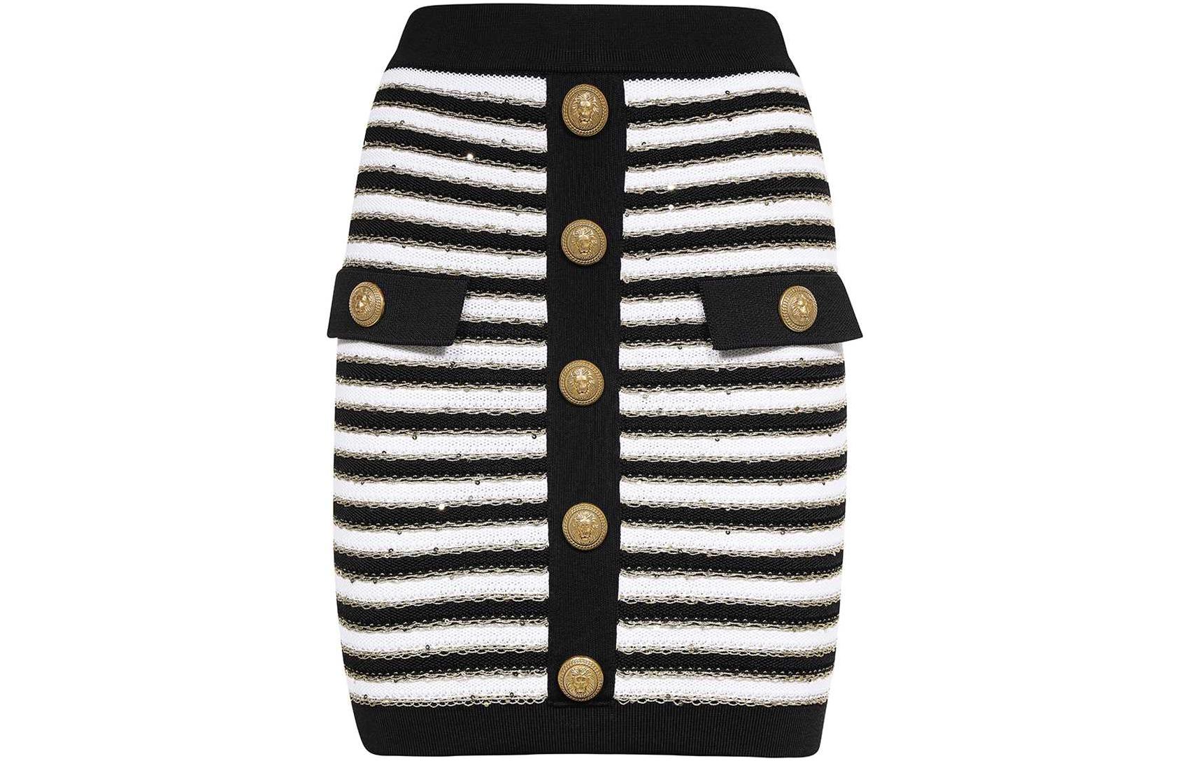 BALMAIN SS23 Striped Metallic Button Casual Skirt Black AF1LB290KD73-EDC