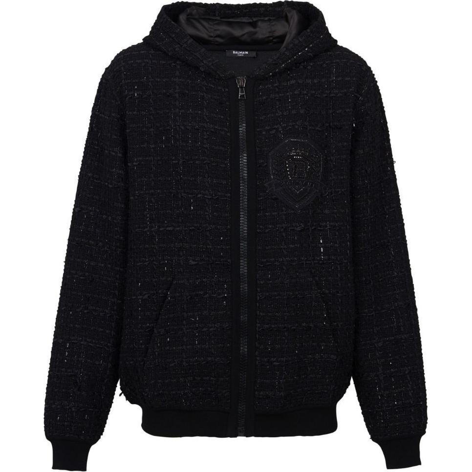 BALMAIN SS24  Black Logo Tweed Long Sleeve Hoodie Jacket. DH1JT225-37CF-0PA