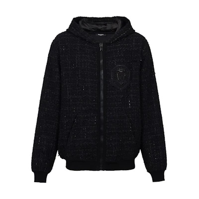 BALMAIN SS24 Black Logo Tweed Long Sleeve Hoodie Jacket. DH1JT225-37CF-0PA