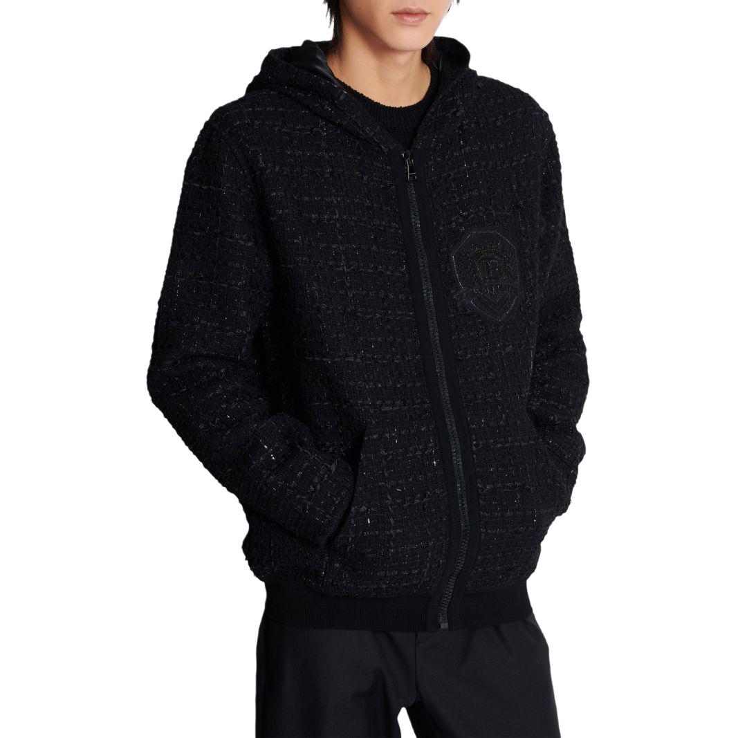 Lookbook 巴尔曼 SS24 黑色标志长袖粗花呢连帽夹克. DH1JT225-37CF-0PA