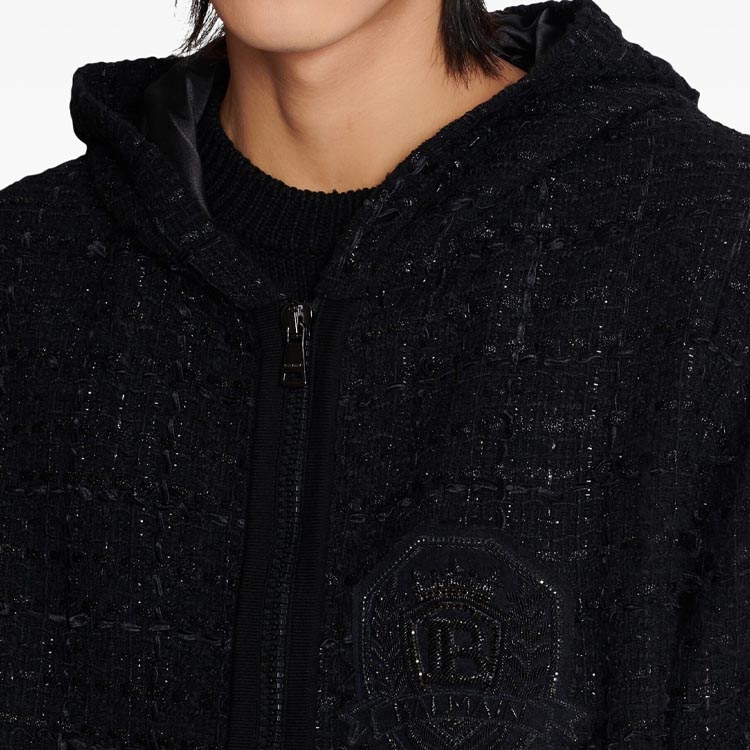 Sizing 巴尔曼 SS24 黑色标志长袖粗花呢连帽夹克. DH1JT225-37CF-0PA