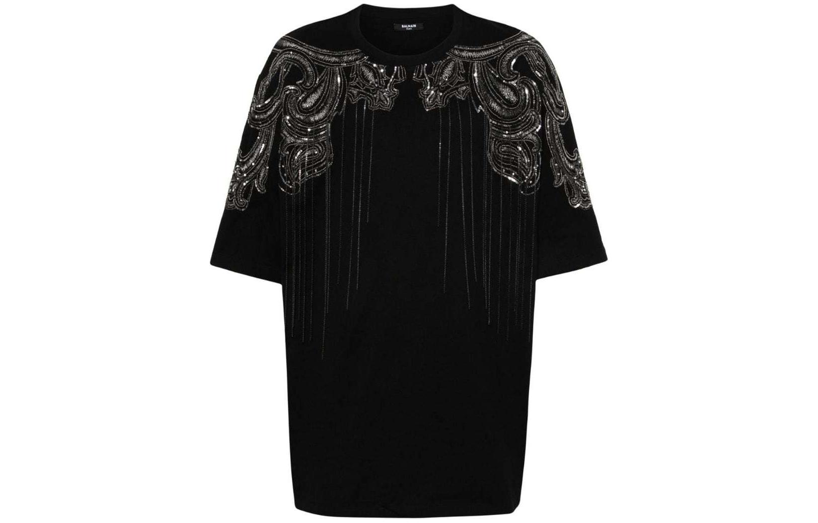 Buy BALMAIN SS24  Black Sequin Lettering Oversized Crewneck T-Shirt. CH1EH015-PC17-EJP