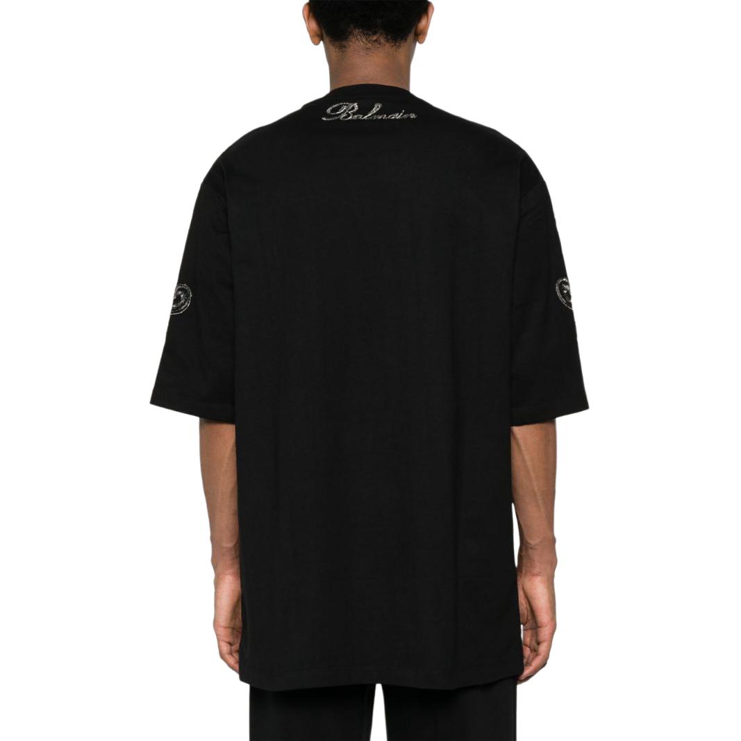 Shop BALMAIN SS24  Black Sequin Lettering Oversized Crewneck T-Shirt. CH1EH015-PC17-EJP