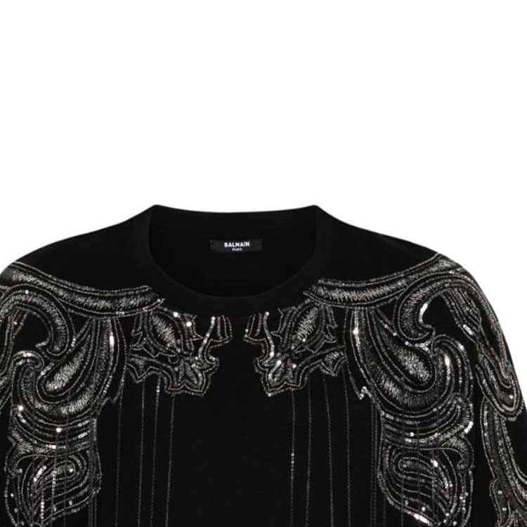 Details for BALMAIN SS24  Black Sequin Lettering Oversized Crewneck T-Shirt. CH1EH015-PC17-EJP