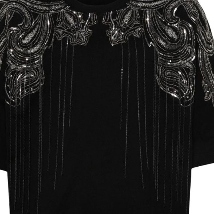 Sizing BALMAIN SS24  Black Sequin Lettering Oversized Crewneck T-Shirt. CH1EH015-PC17-EJP