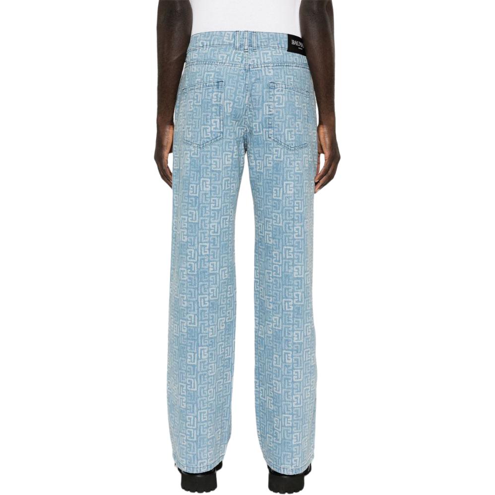 Shop BALMAIN SS24 Jeans Biru Muda Mid-Rise Straight-Leg dengan Logo Patch. DH1MI040-DE85