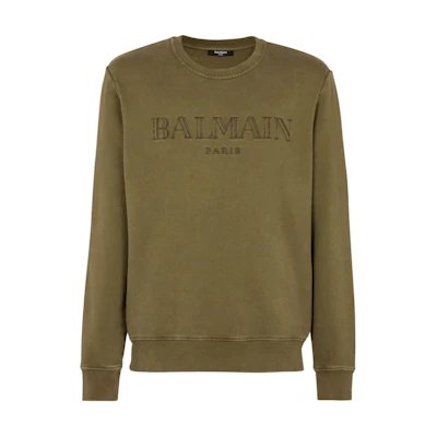 BALMAIN SS24 Olive Green Oversized Pullover Crewneck Sweatshirt. CH0JQ040-BC72-UIA