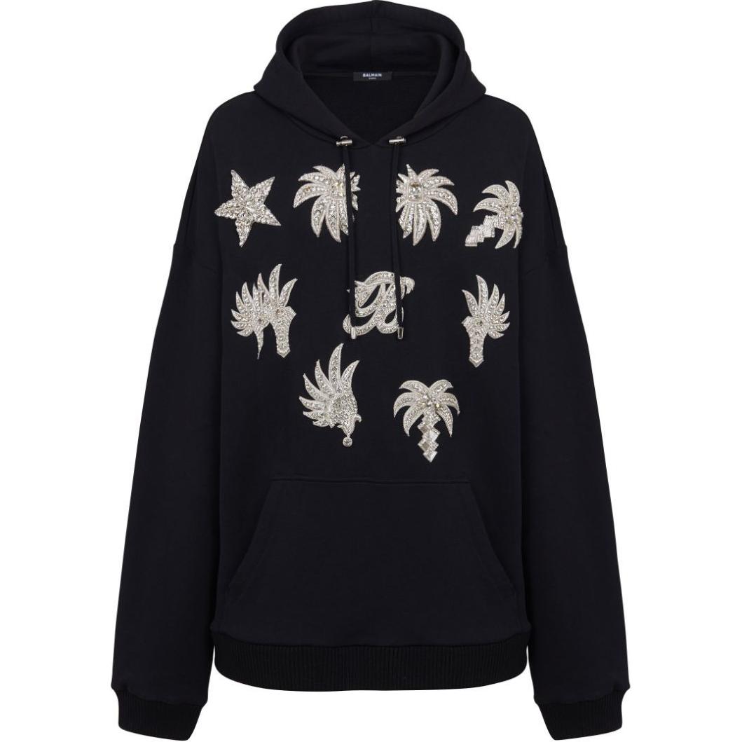 Balmain SS24 Crystal-Embellished Drawstring Hoodie Long Sleeve Black DH1JT211-PC45-BLACK