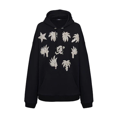 Balmain SS24 Crystal-Embellished Drawstring Hoodie Long Sleeve Black DH1JT211-PC45-BLACK