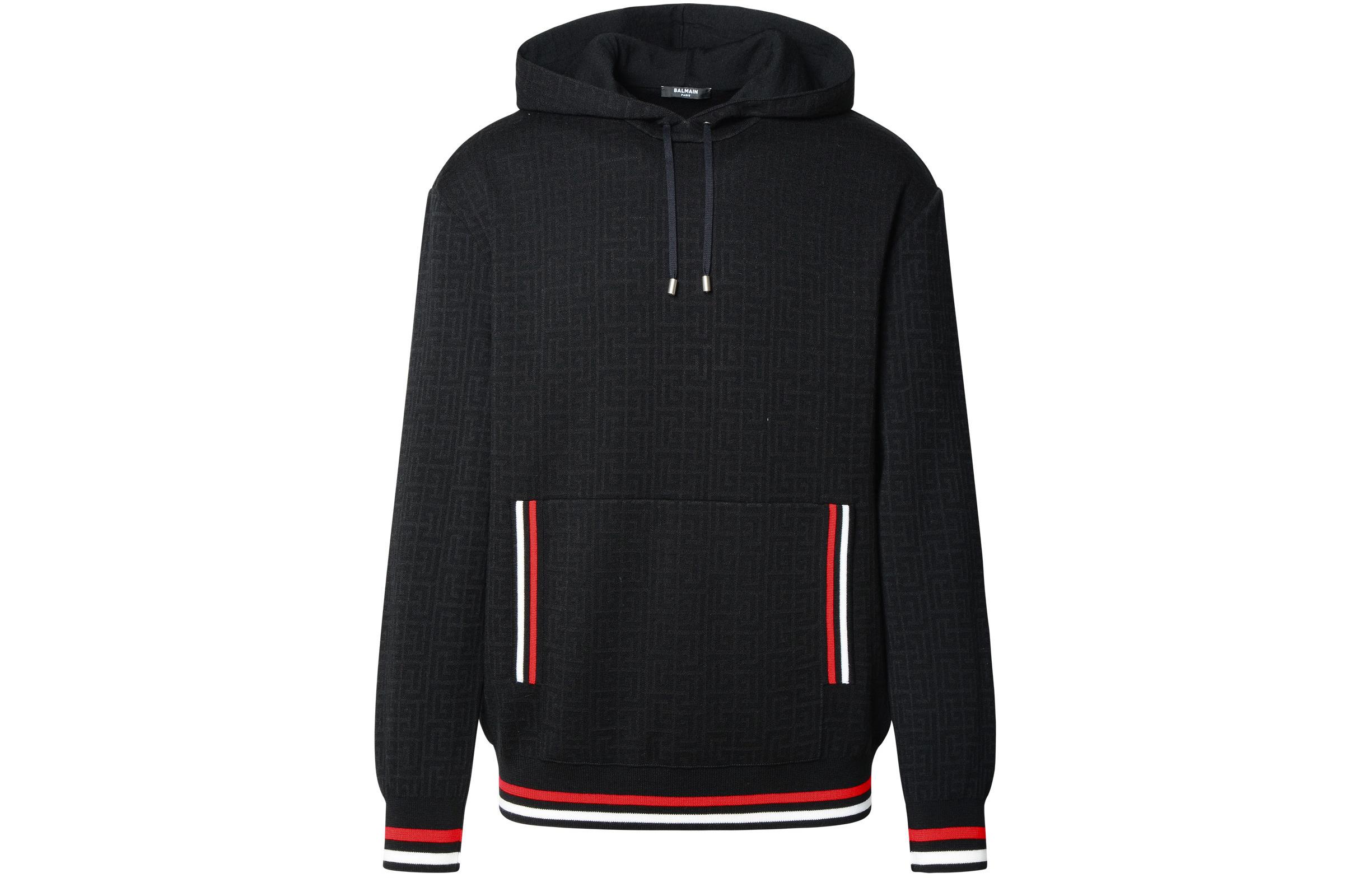 Balmain Striped Drawstring Hoodie Black Long Sleeve Sweater CH0JR070KB03-EIM