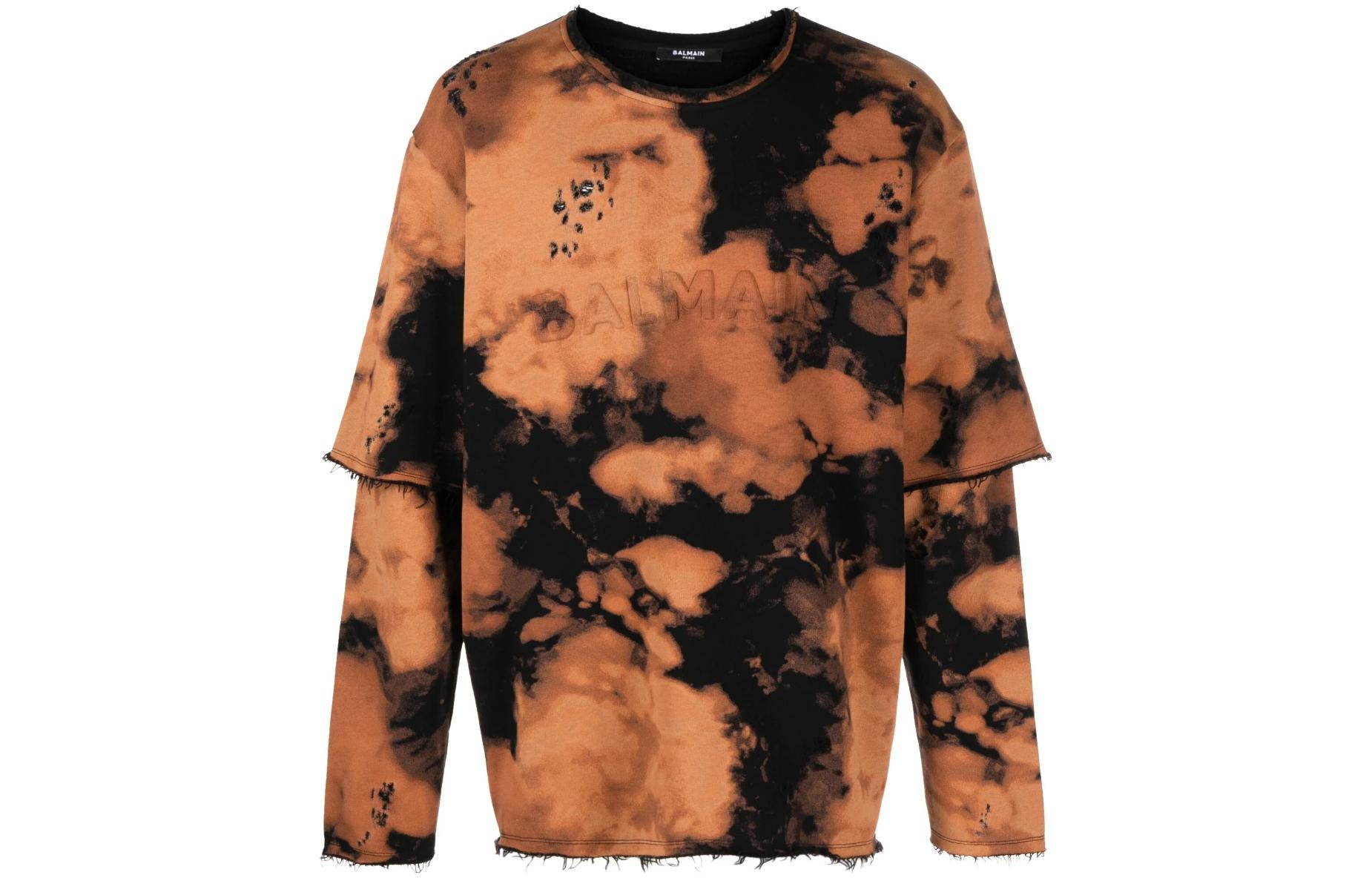 Order BALMAIN Tie-Dye Layered Crewneck Long-Sleeve T-Shirt Orange SS23 AH1JQ043BC08-WAA