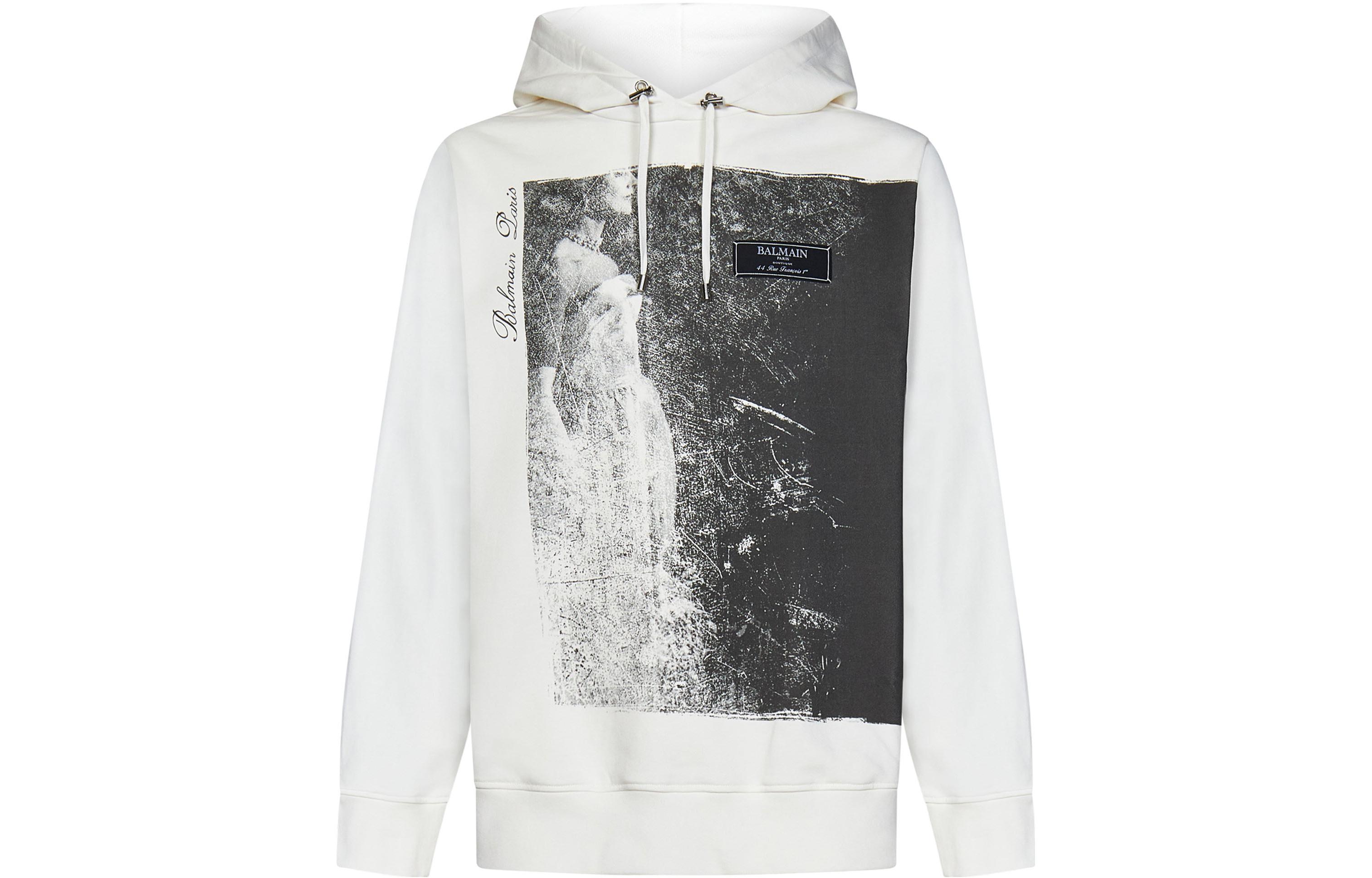 Balmain White Graphic Print Hooded Pullover Sweatshirt BH0JT046-GD19-GPD