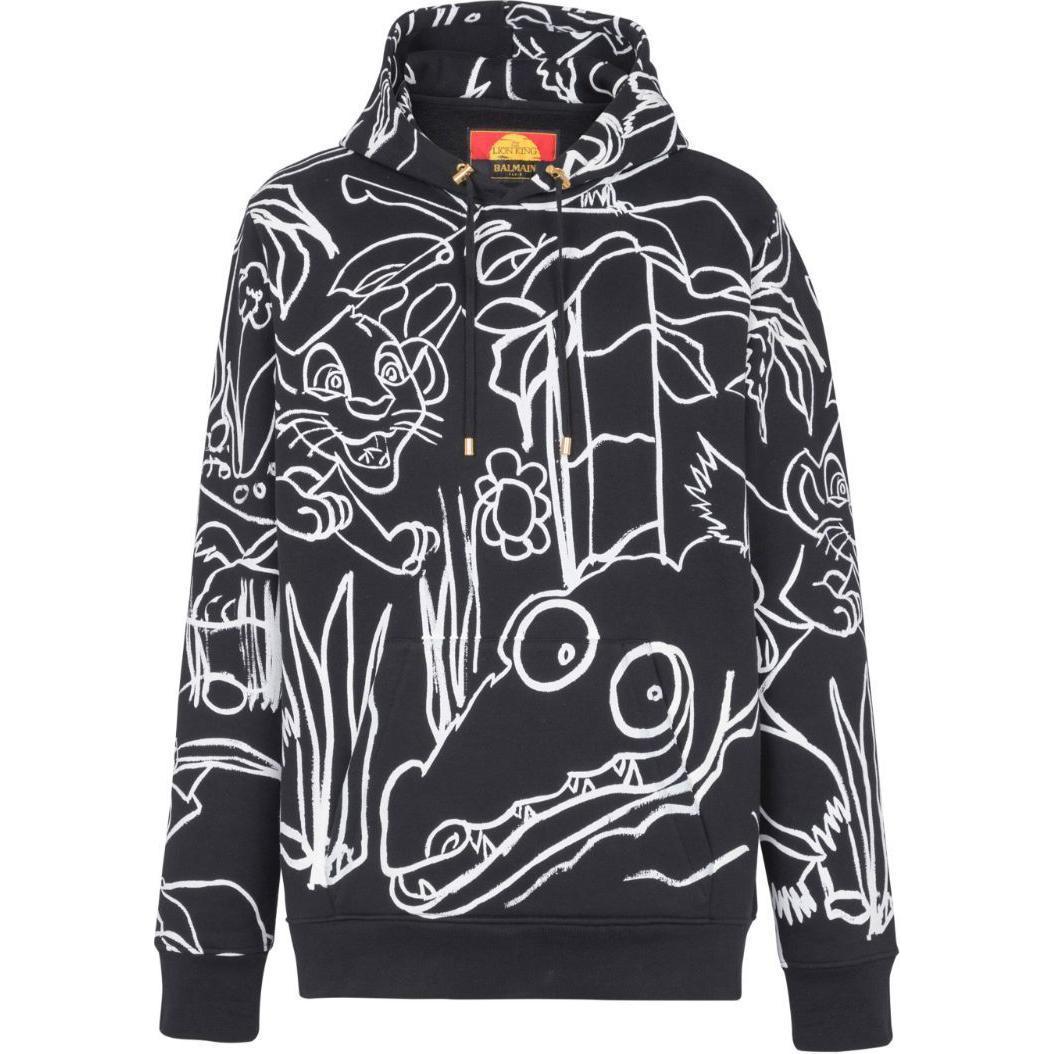 Balmain Disney SS24 Black Cartoon Print Drawstring Hoodie for Men DHAJT047-GD87-BLACK