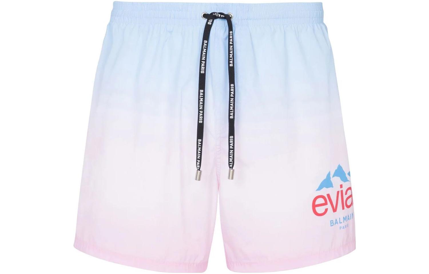 BALMAIN x Evian SS23 Logo Print Drawstring Shorts Men Blue Pink AH2WB000XF74-SHP
