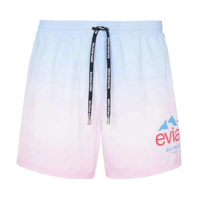 BALMAIN Evian SS23 Logo Print Drawstring Shorts Men Blue Pink AH2WB000XF74-SHP