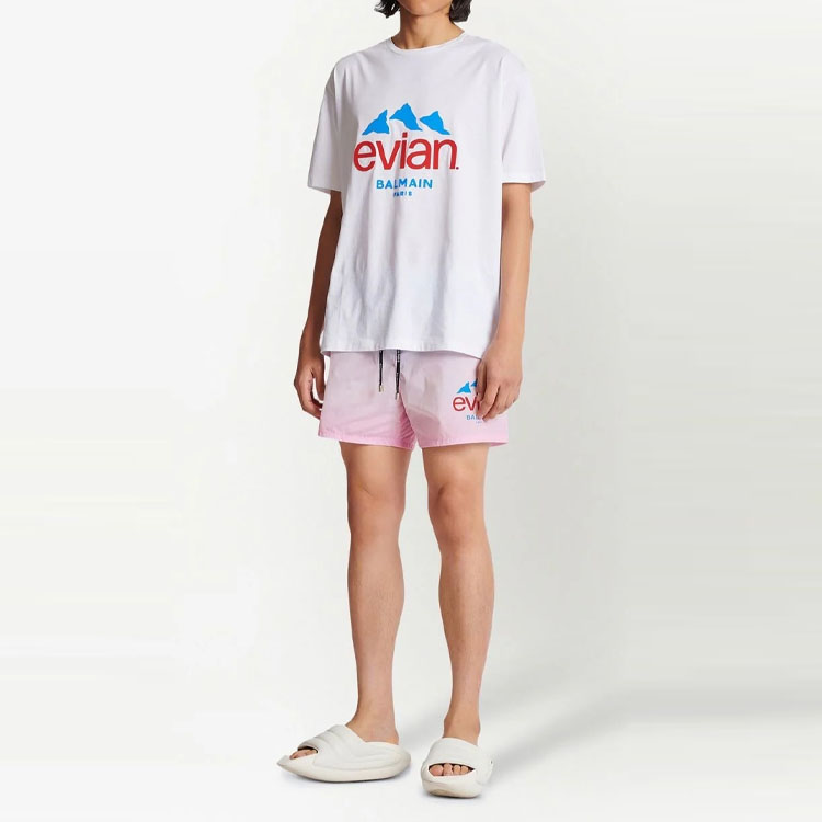Purchase BALMAIN x Evian SS23 Logo Print Drawstring Shorts Men Blue Pink AH2WB000XF74-SHP
