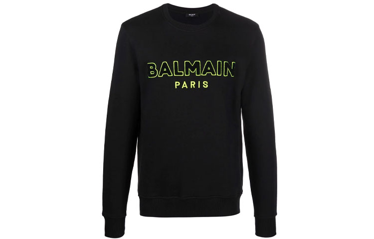 Balmain Rossignol FW21 Flocked Logo Pullover Sweatshirt Black WH2JQ040B155-EAQ