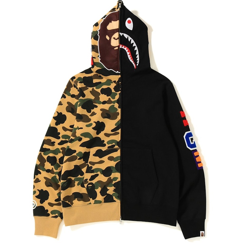 Bape 1st Camo 2nd Ape Half Shark Full Zip Hoodie Black Yellow 圖 3