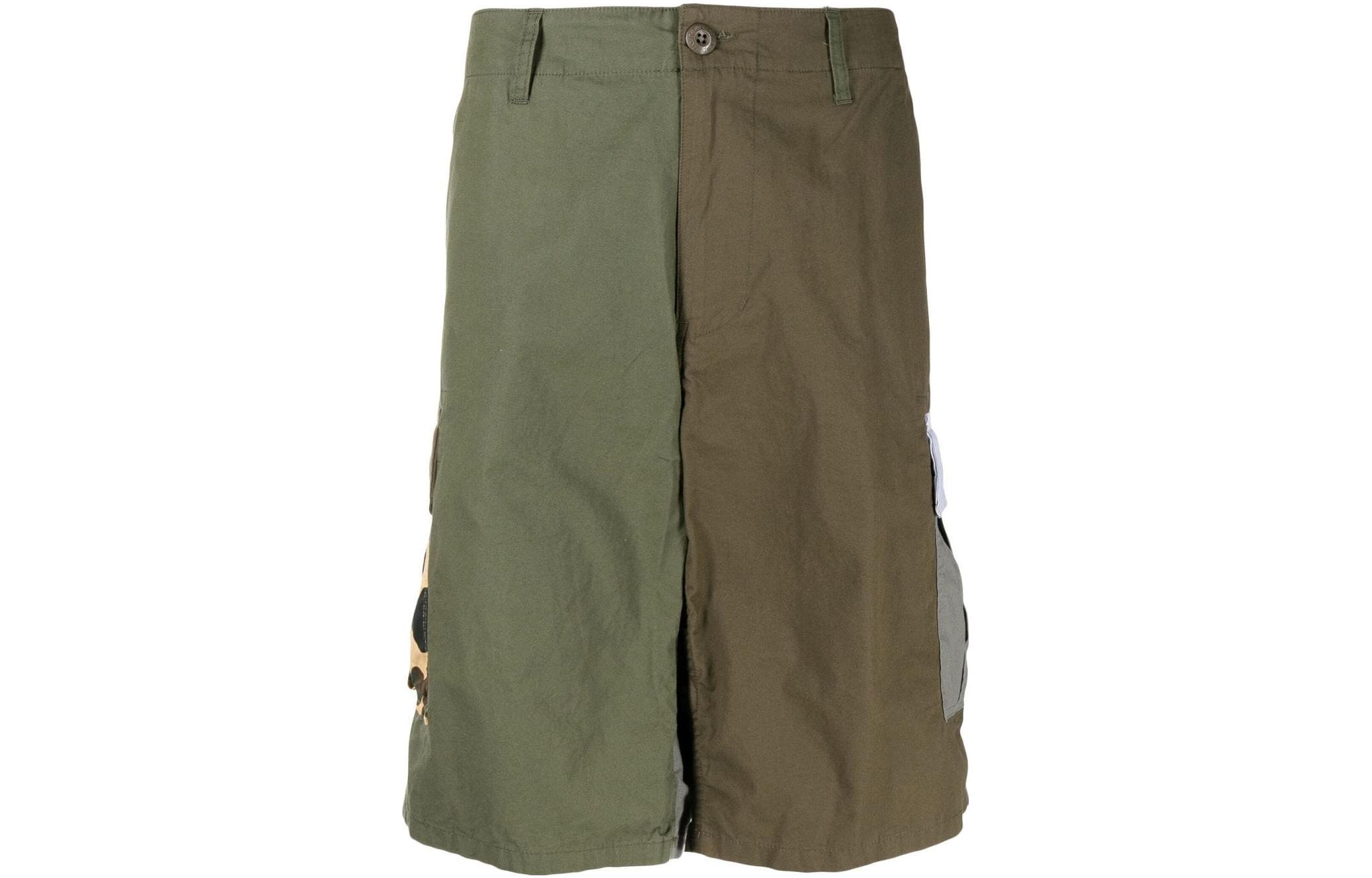 BAPE  Green Camo Patterned Colorblock Pocket Shorts. 001SPI301012MMULTI