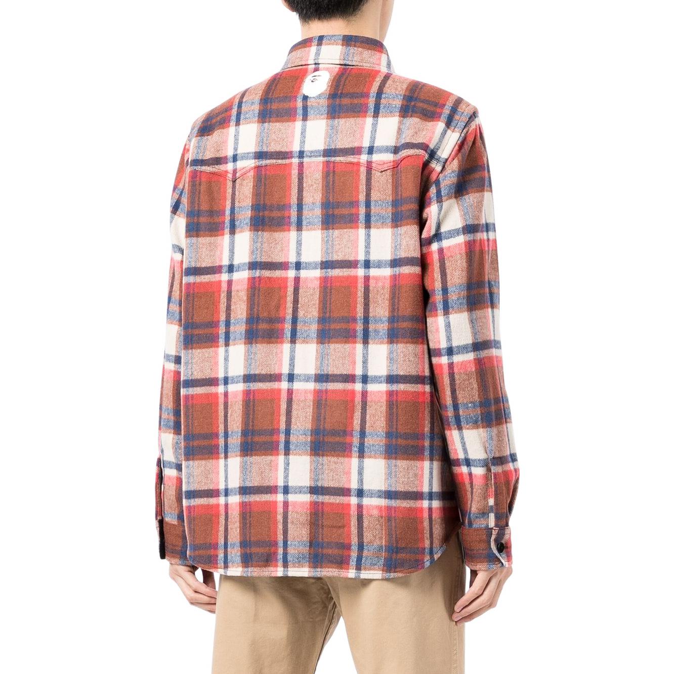 Shop BAPE 紅色格紋長袖扣襯衫 001SHH801001M