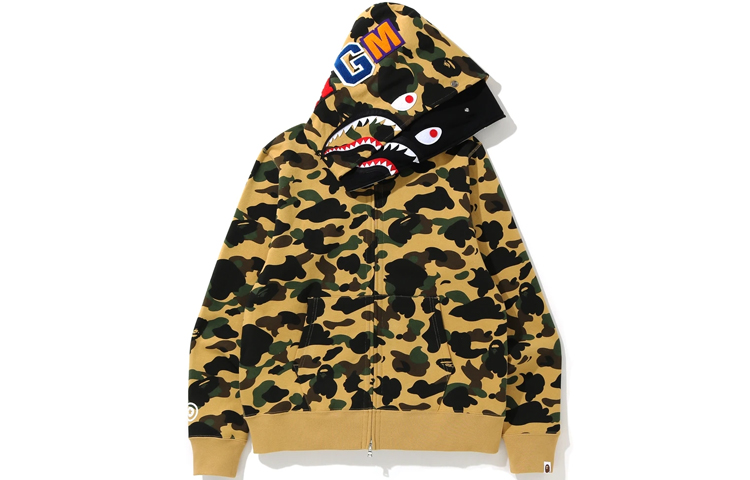 Bape A BATHING APE 1st Camo Shark Full Zip Double Hoodie Yellow Unisex. 1F70-115-027