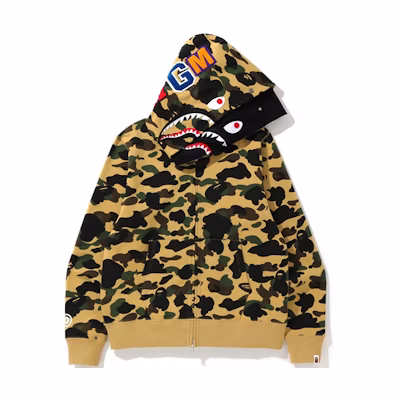 Bape A BATHING APE 1st Camo Shark Full Zip Double Hoodie Yellow Unisex. 1F70-115-027