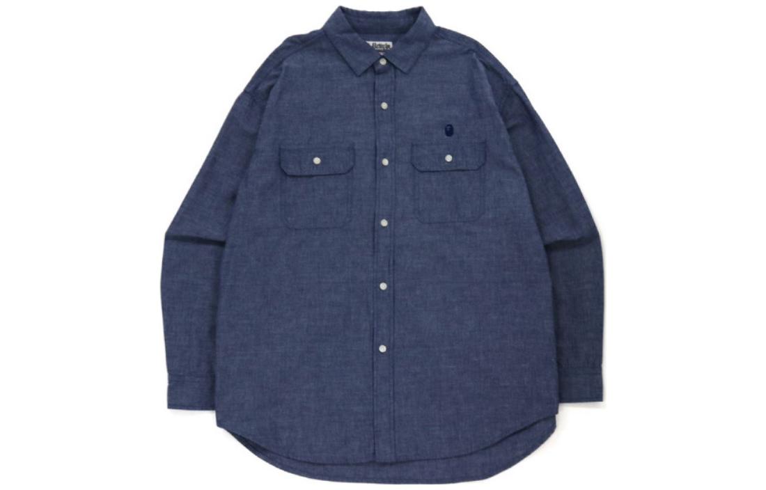 Bape A BATHING APE  Washed Denim Long Sleeve Shirt with Ape Embroidery. 0ZXSTM13102SH