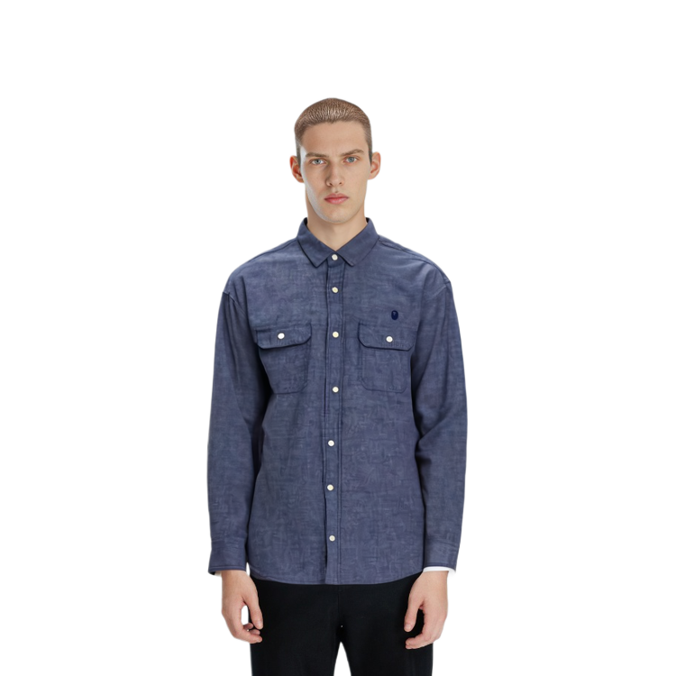 Shop Bape A BATHING APE 水洗牛仔長袖襯衫附猿人刺繡. 0ZXSTM13102SH