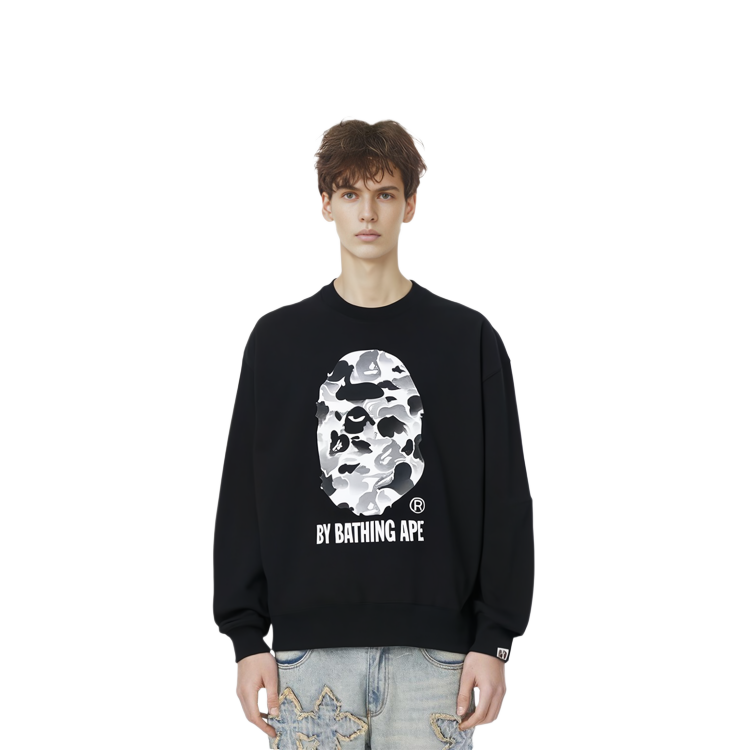 Details for Bape A BATHING APE Ape Head Ink Camo Logo Cetak Crewneck Kartun Sweatshirt Lelaki. 0ZXSWM113003I