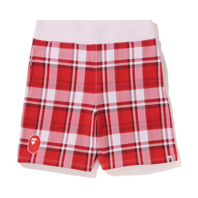 Bape A BATHING APE Check Print Sweat Shorts Red Relaxed Fit Casual Shorts for Men. 1I20-153-001