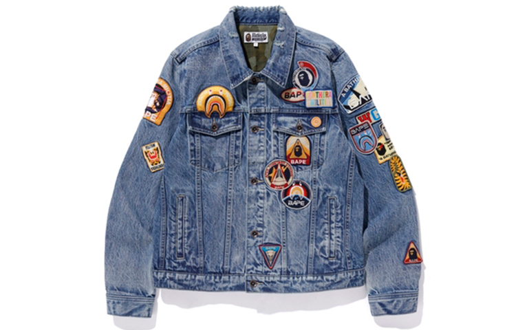 Bape A BATHING APE Crazy Patch Denim Jacket Unisex Blue Jeans Outerwear. 1F20-140-025