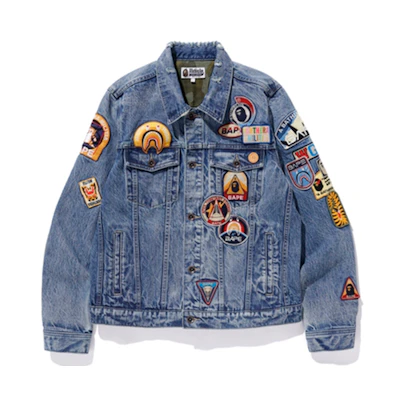 Bape A BATHING APE Crazy Patch Denim Jacket Unisex Blue Jeans Outerwear. 1F20-140-025
