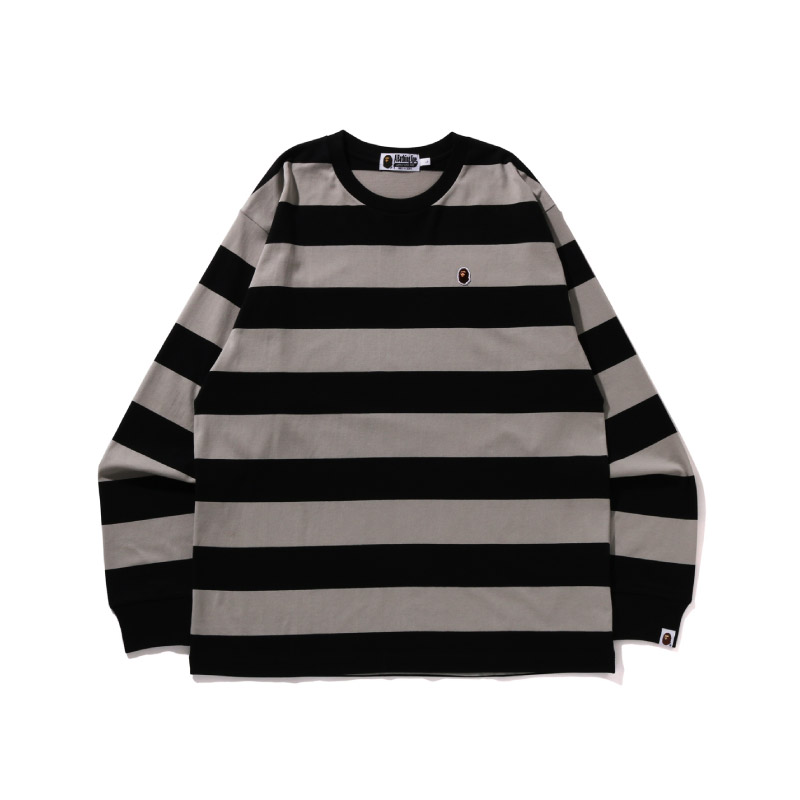 Bape A BATHING APE FW23 Ape Logo Embroidered Striped Long Sleeve  Tee 0ZXLTM111001L
