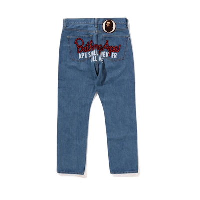 Bape A BATHING APE FW24 Blue Denim Jeans with Ape Logo and Embroidery. 0ZXJNM150002M