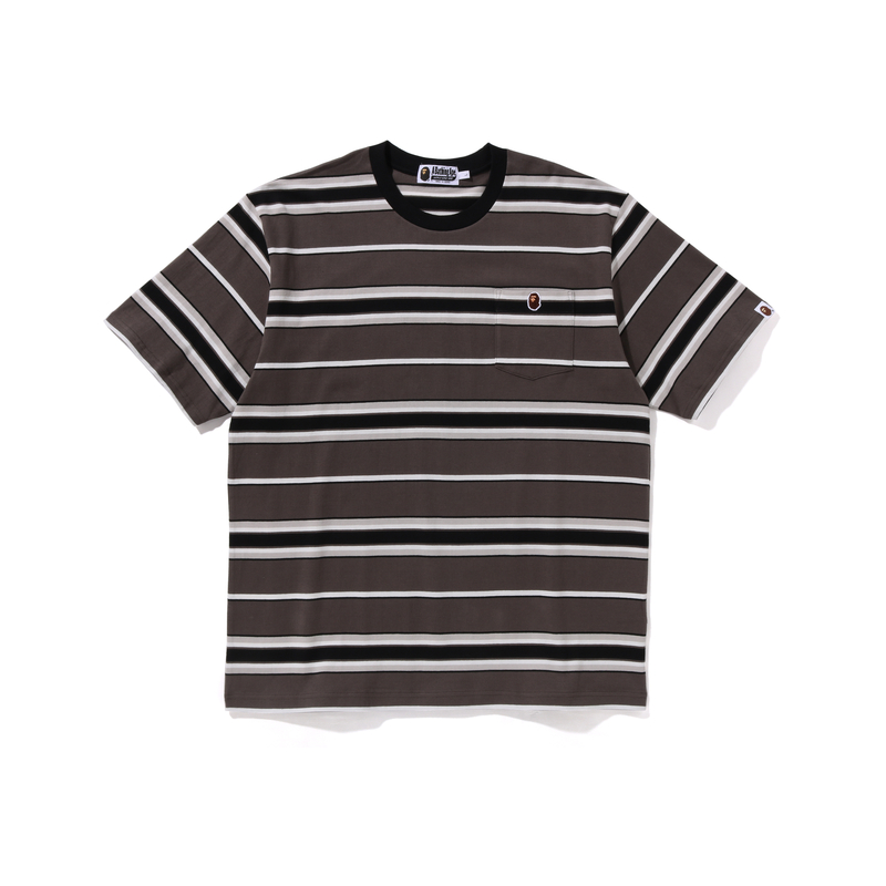 Shop Bape A BATHING APE 2024 秋冬條紋刺繡猿人標誌口袋圓領短袖上衣. 0ZXTEM109005N