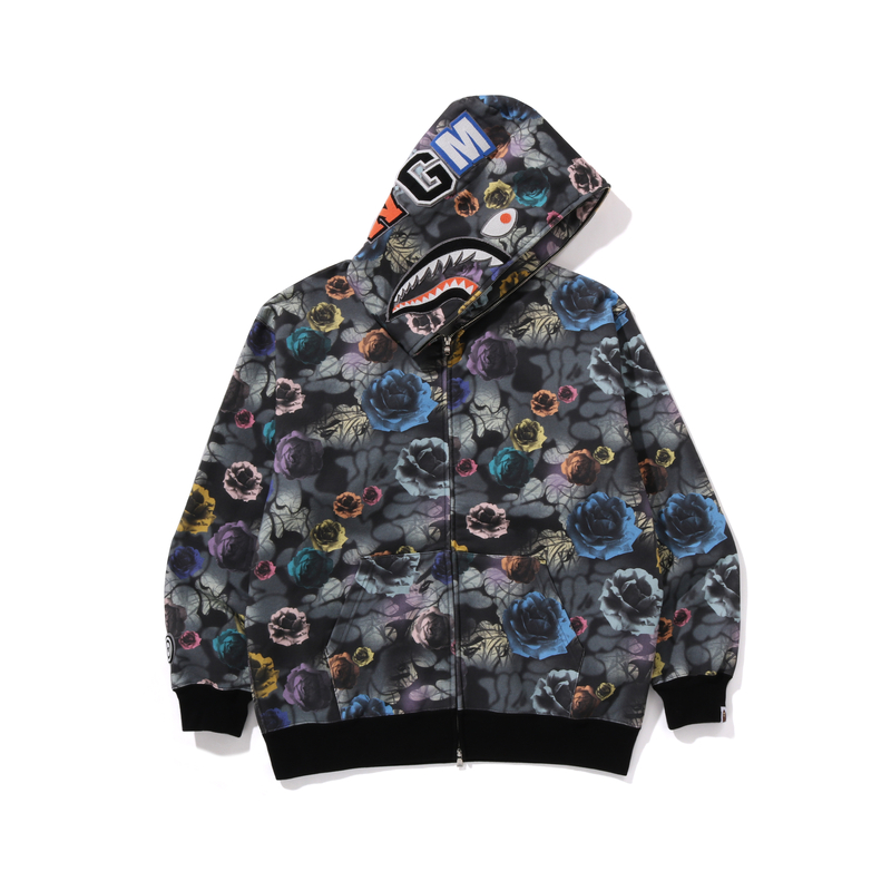Bape A BATHING APE FW24 Floral Camo Full-Zip Shark Hoodie for Men. 0ZXSWM115301N
