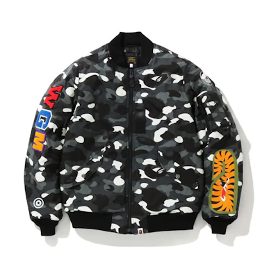 Bape A BATHING APE Glow Camo Shark Logo Varsity Jacket Black 0ZXJKM41012XD